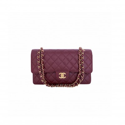 CHANEL VINTAGE BURGUNDY WINE RED CAVIAR MEDIUM CLASSIC DOUBLE FLAP BAG  A37586 (25.5*15.5*6.5cm)